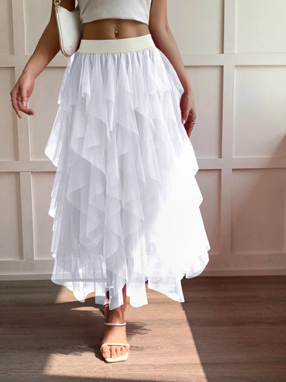 Medium waist chiffon long skirt for women, irregular layered pleated edge layered cake skirt, elegant fairy A-line skirt
