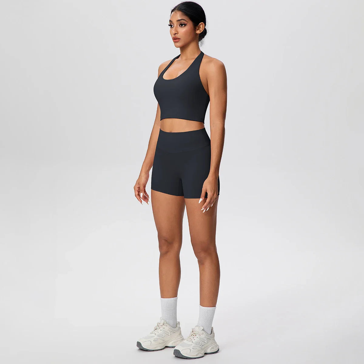 2picese Women Yoga Suit Solid Color High Waist Hip Push Up Fitness Shorts Sexy Pilates Backless Gym Hanging Neck Bra Yoga Set