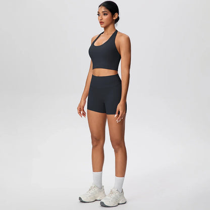 2picese Women Yoga Suit Solid Color High Waist Hip Push Up Fitness Shorts Sexy Pilates Backless Gym Hanging Neck Bra Yoga Set
