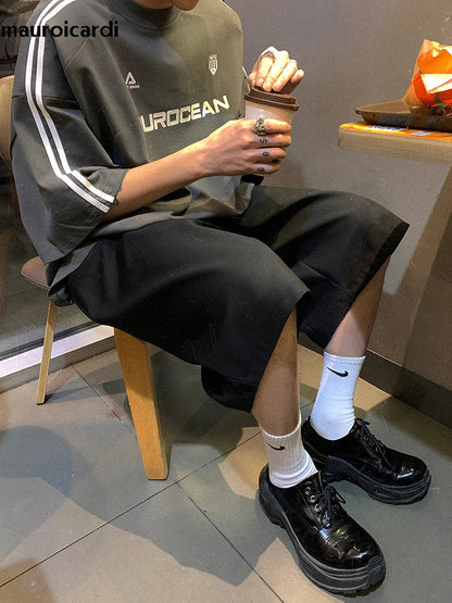 Spring Summer Loose Casual Soft Black Pleated Shorts for Men Mens with High Waist Short Straight Pants Clothes 2024