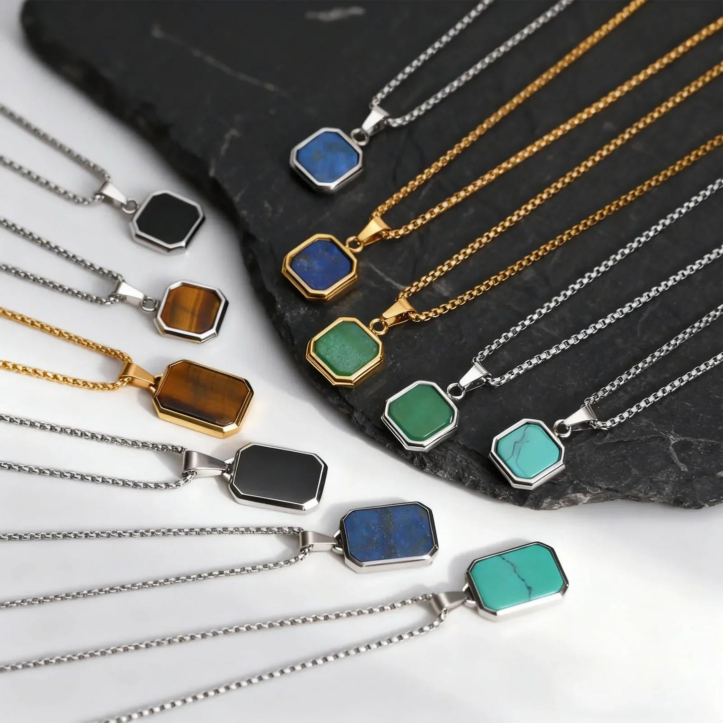 Trendy Pendant Necklaces for Men Boys,Square Natural Stone Stainless Steel Necklaces,Hip Hop Cool Healing Jewelry Gifts