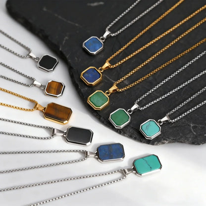 Trendy Pendant Necklaces for Men Boys,Square Natural Stone Stainless Steel Necklaces,Hip Hop Cool Healing Jewelry Gifts
