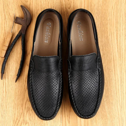Italian Summer Hollow Shoes Men Casual Luxury Brand Genuine Leather Loafers Men Breathable Boat Shoes Slip On Moccasins