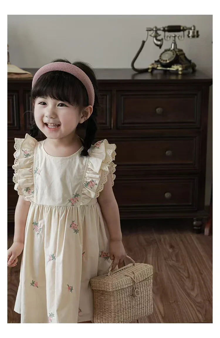 Summer Girls Dress Children's Clothing Bow Embroidered Flower Collar Girl's Dress Cartoon Printed Flying Sleeves Princess Dress