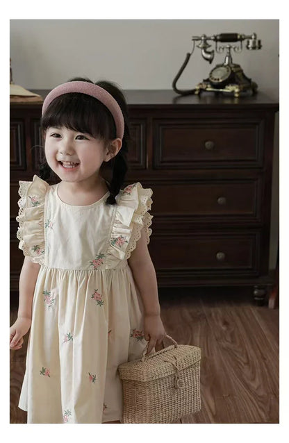 Summer Girls Dress Children's Clothing Bow Embroidered Flower Collar Girl's Dress Cartoon Printed Flying Sleeves Princess Dress