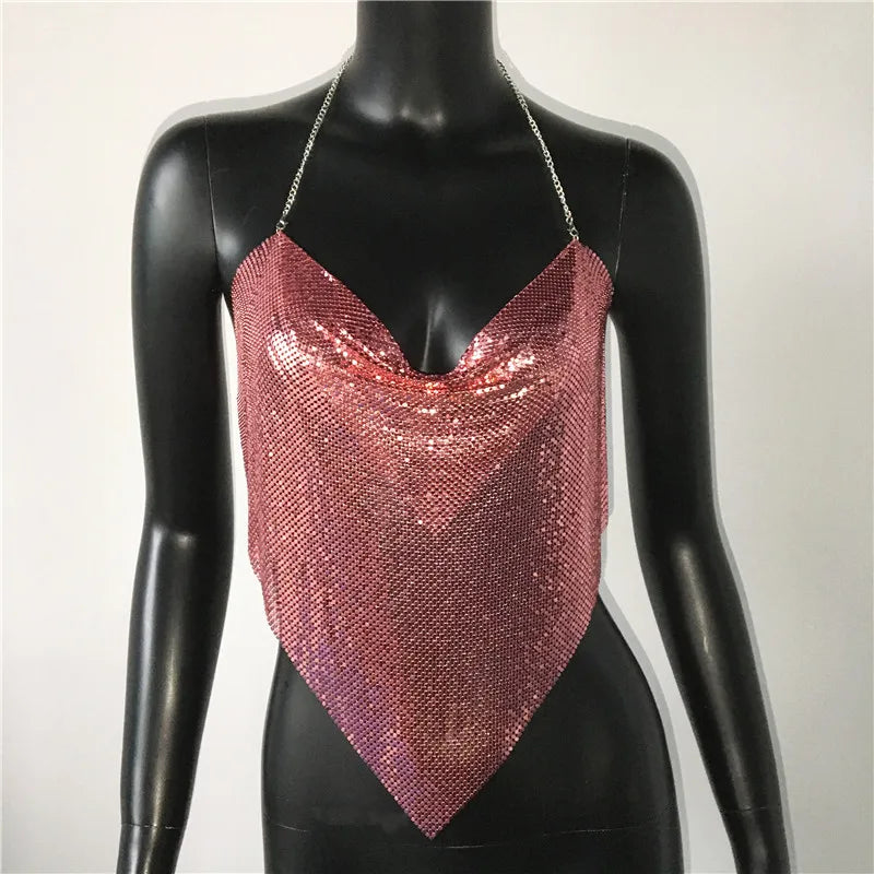 New Sexy Backless Metal Sequined Solid Camis Sleeveless Halter Hollow Out V Neck Adjustable Chain Women Nightclub Crop Tops
