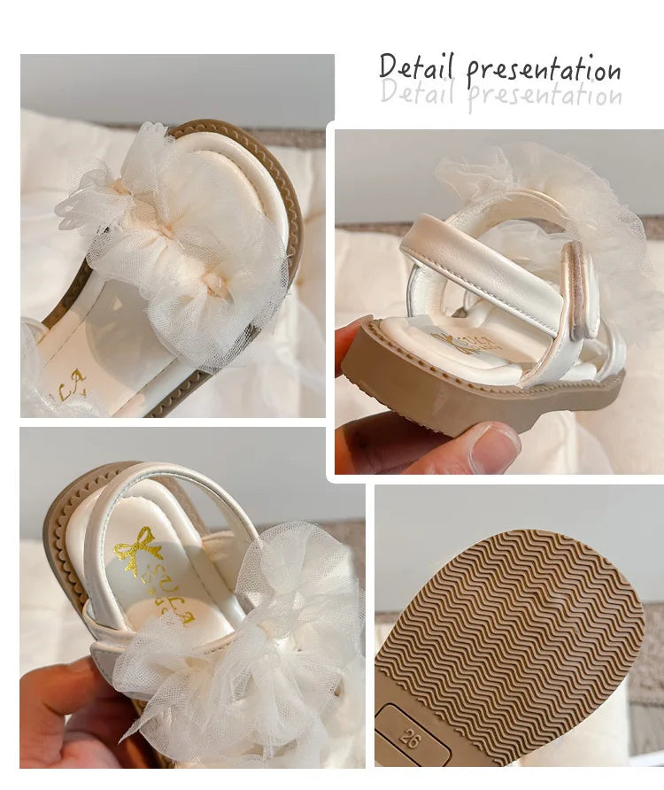 Girls' Sandals 2024 Summer New Fairy Style Princess Sandals with Mesh Bow Kids Versatile Fashion Sweet Beach Shoes for Vacation