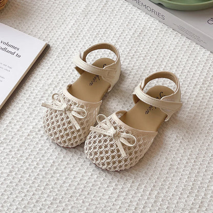 Girl's Sandals Breath-mesh Braided Adorable Summer Kids Sliders Bowtie Beige Sliver Round Toe All-match Childern Shoes 23-33