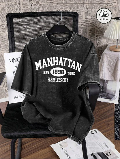 Manhattan New York Sleepless City Print Washed T Shirt Man Summer O-Neck Retro T-Shirts Fashion Cotton All-Match Top Unisex Tee