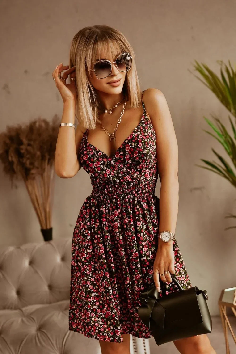 New Fashion Women's  Summer Wrap Pleated Dresses Ladies Floral Print Sexy Spaghetti Strap Sling DressBeach Dress A Line Sundress