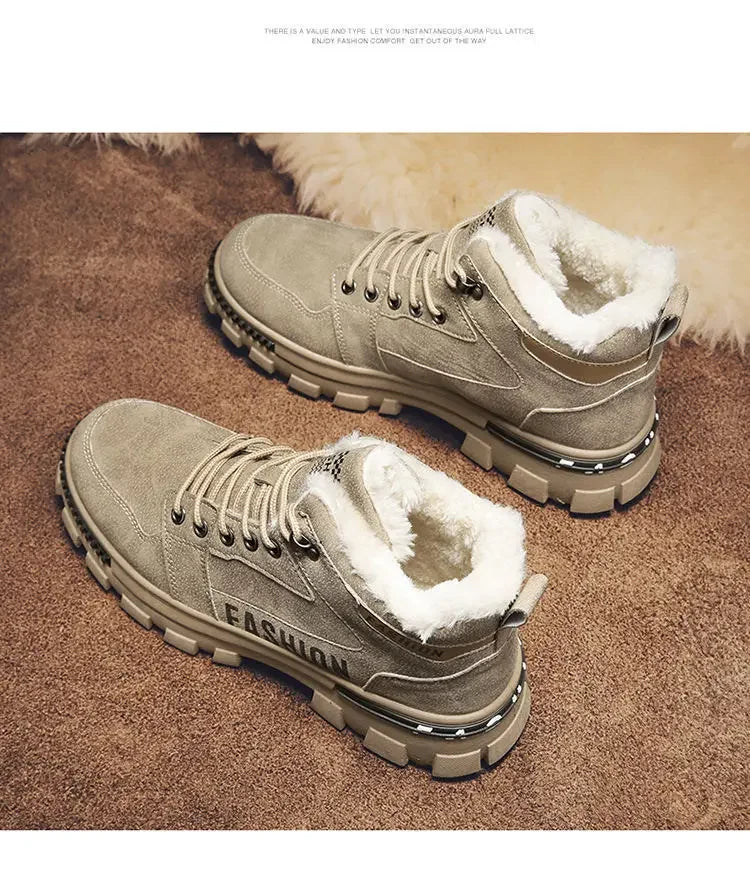 Men Snow Boots  Winter Anti Slip Plush Indoor Warm Cold Proof Snow Boots High Top Platform Lace Up Outdoor Sport Work Boots