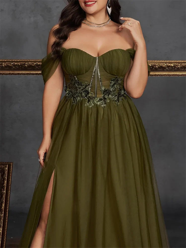 Plus Size Elegant Sleeveless Tulle Slit Evening Dresses Luxury off-the-shoulder Formal Bridesmaid Party Maxi Gowns