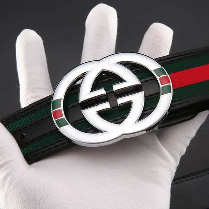2026 New Unisex Red Green Stripe Belt 3.8cm - Durable Canvas Designer Waistband with Metal Logo, Trendy & Wear- Resistan