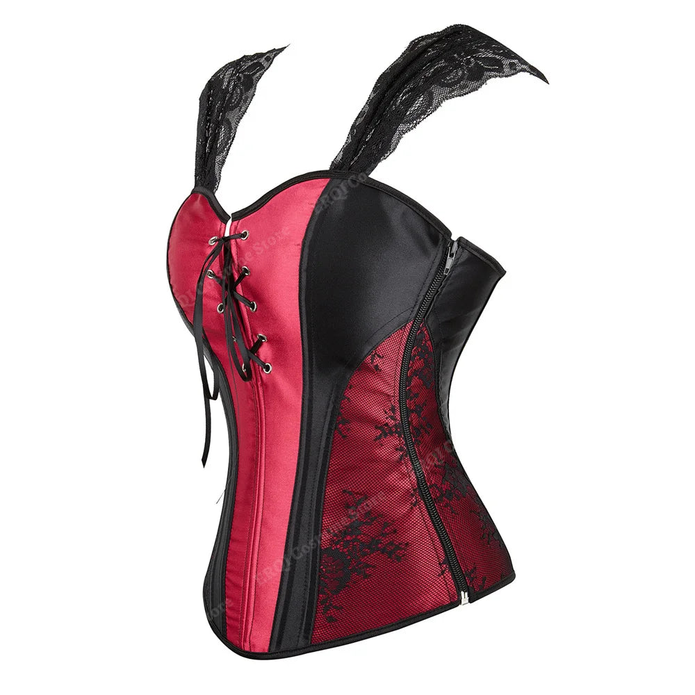 Overbust Corset Top with Straps Jacquard Corset Bustier Zipper Plus Size for Women Corset Dress with Skirt Black Red purple