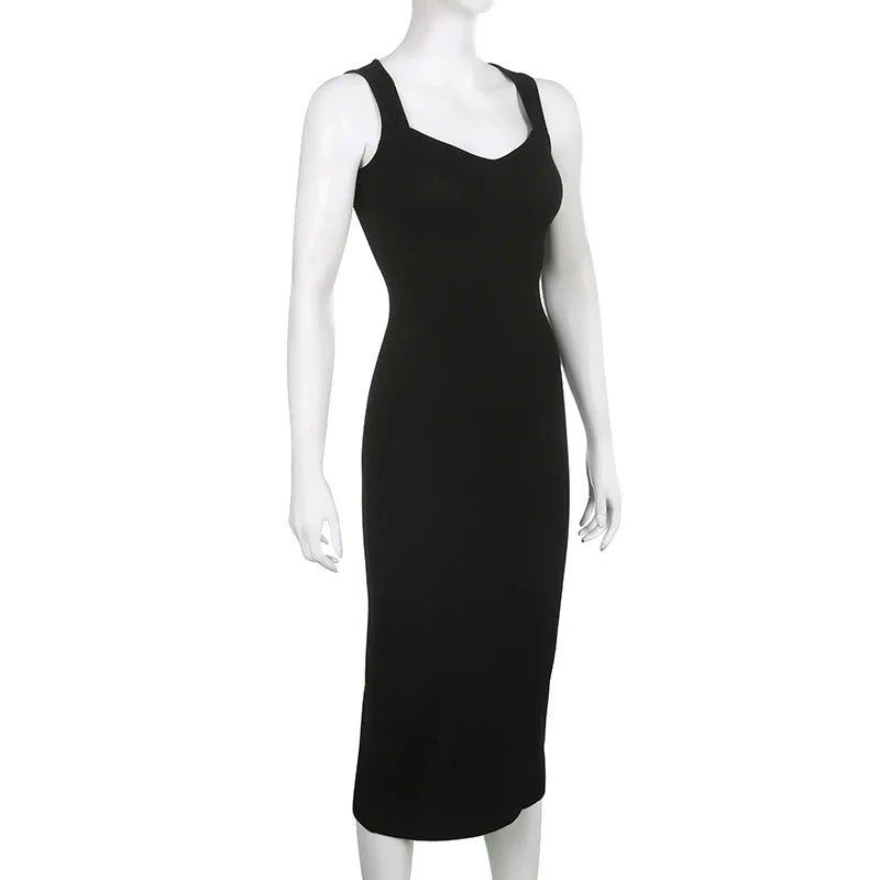 Basic Knit Long Dress Korean Fashion Square Collar Sleeveless Women's Dresses Summer Casual Y2k Vintage All-match Outftis