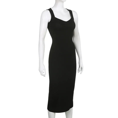 Basic Knit Long Dress Korean Fashion Square Collar Sleeveless Women's Dresses Summer Casual Y2k Vintage All-match Outftis