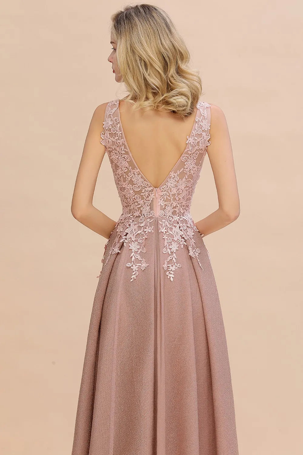 Dusty Pink Bridesmaid Dresses Appliques Lace V Neck Illusion Blue Burgundy Silver For Bride Wedding Party Prom Gowns Vestidos