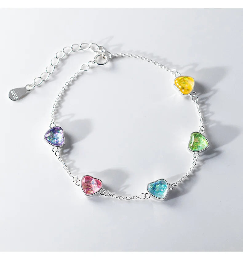 925 Sterling Silver Heart To Heart Colorful Shining CZ Bracelet Adjustable Chain Link For Women Valentine's Day Gifts