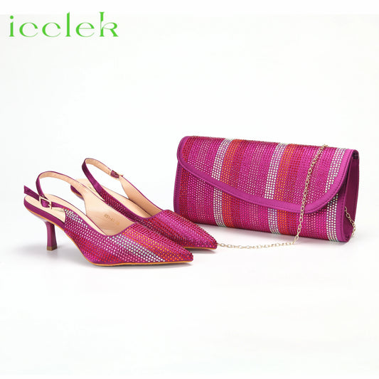 Italian Design African Women's High Heels Pointed Toe Sandals Party Wedding Party Magenta Color Shoes and Bags Set