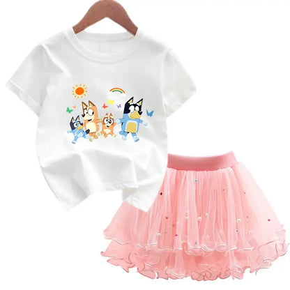 2Pcs/Set Girl Dress Kid Birthday Clothes Party Princess Dress Cartoon T-shirt+Tutu Skirt Summer Evening Christmas Gift