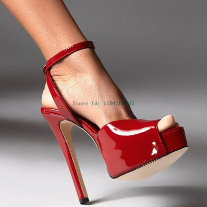 Red Patent Leather Platform High Heels  Stiletto Ankle Buckle Strap Solid New Arrivals Fashion Slingback Buckle Strap Shoes
