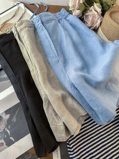 Japanese Simple Solid Color Pure Cotton Linen Casual Versatile Straight Elastic Waist Shorts Women's Middle Pants