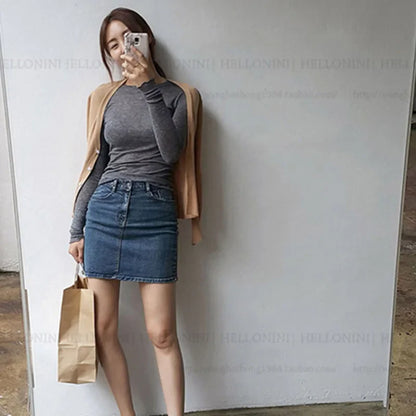Plain T Shirt Women Cotton Elastic Basic T-shirts Female Casual Tops Long Sleeve Sexy Thin T-shirt see through