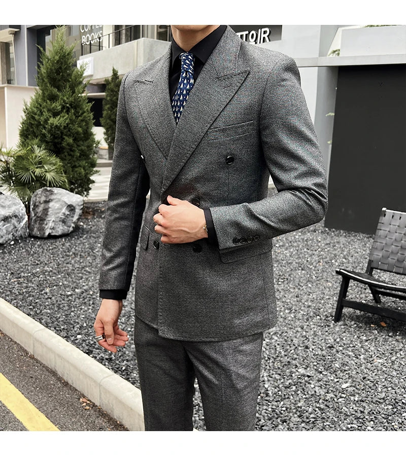 Men Vintage Luxury Double Breasted Slim Fit Lapel Evening Gown ltalian Style Fashion High-end Groom Wedding Party Tuxedo 2 Piece