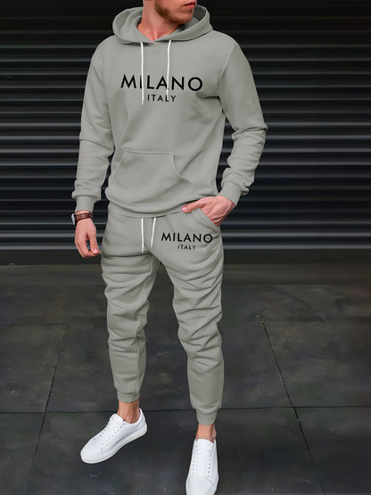 Men's Autumn/Winter Casual Warm MILANO ITALY Letter Printed Loose Thick Velvet Sports Hoodie+Sweatpants Set