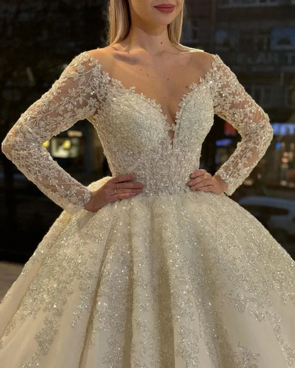 Customized A-Line Wedding Dresses Women Sequins Appliques Bridal Gown O-Neck Long Sleeves Sweep Train Vestidos De Novia