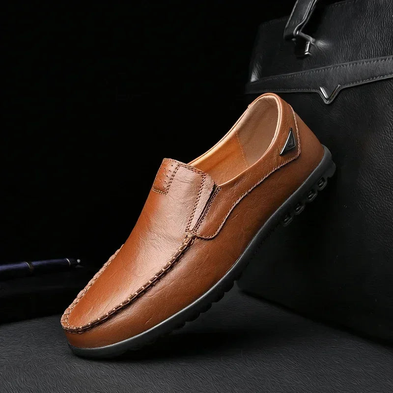 Men’s leather loafers dress shoes casual formal cowhide slip-on brown