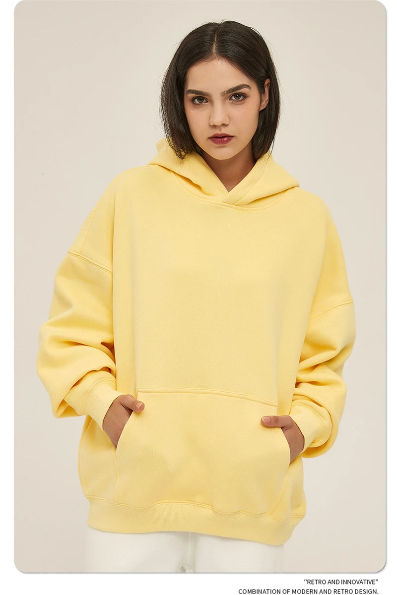 Thick 350gsm Fleece Hooded Hoodies For Men Unisex Winter Oversized Loose Basic Solid Sweatshirts Pullovers Coats HY0631