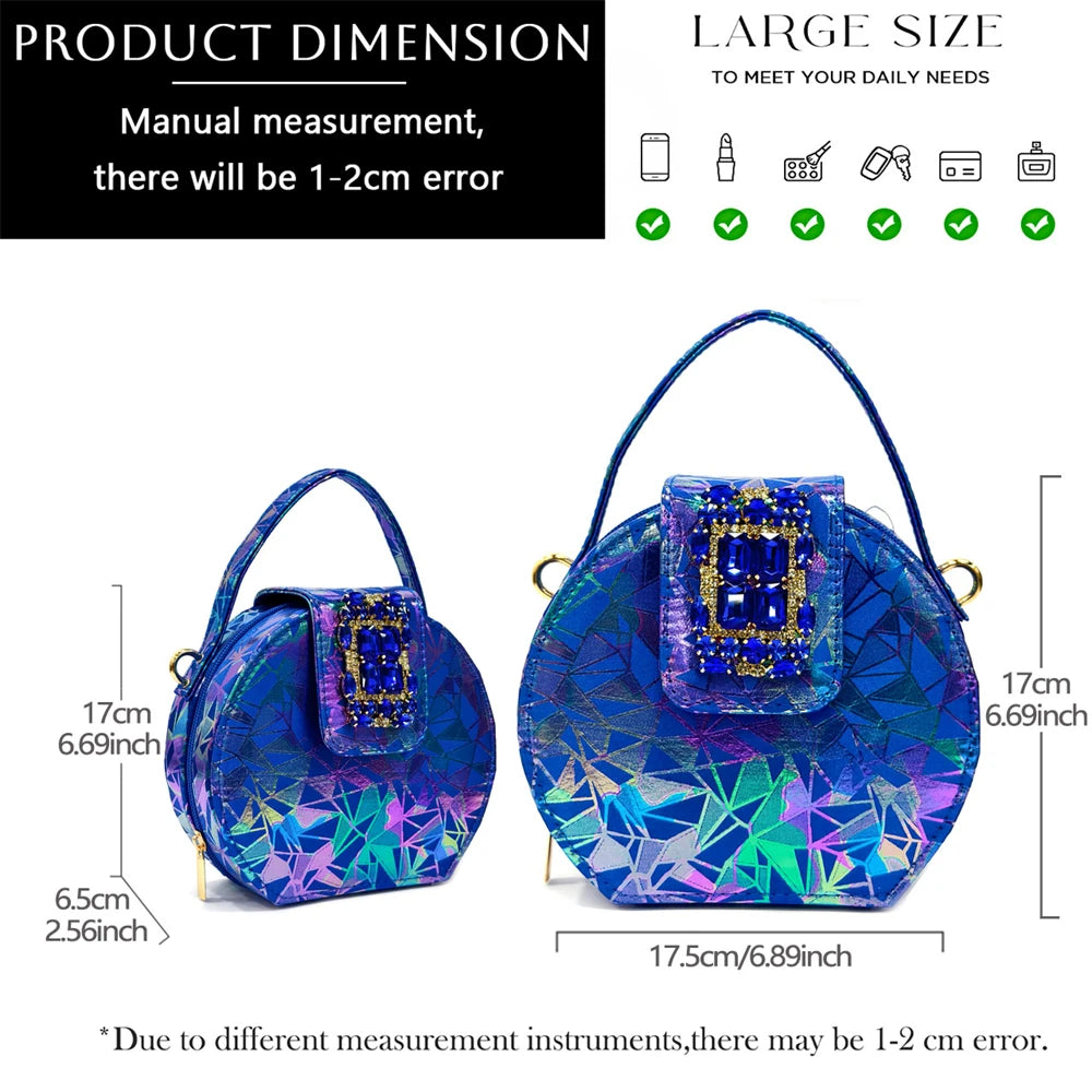 Elegant Women Heels for Peep Toe Good Material Design Rhinestone Fuchsia Sandals Italian Shoes and Bags Matching Set 2025
