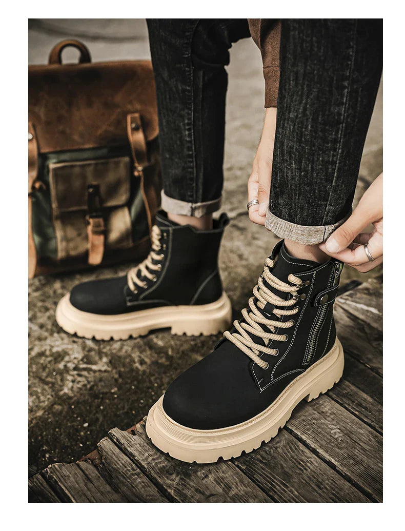 Men's Boots 2024 Autumn Thick Soled Zipper Lace-up Korean Belt Buckle Height Increasing Comfort High Top British Sports Boots