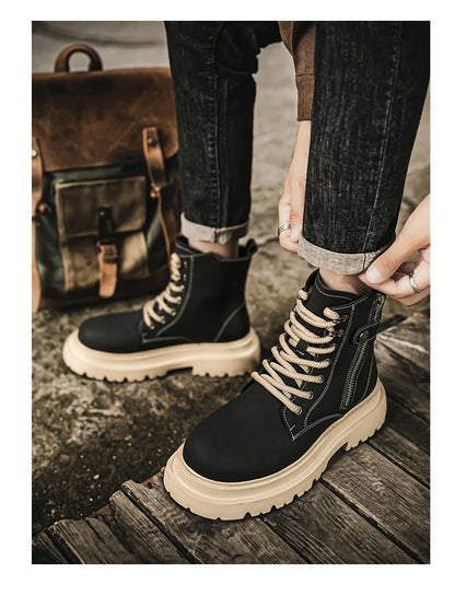 Men's Boots 2024 Autumn Thick Soled Zipper Lace-up Korean Belt Buckle Height Increasing Comfort High Top British Sports Boots