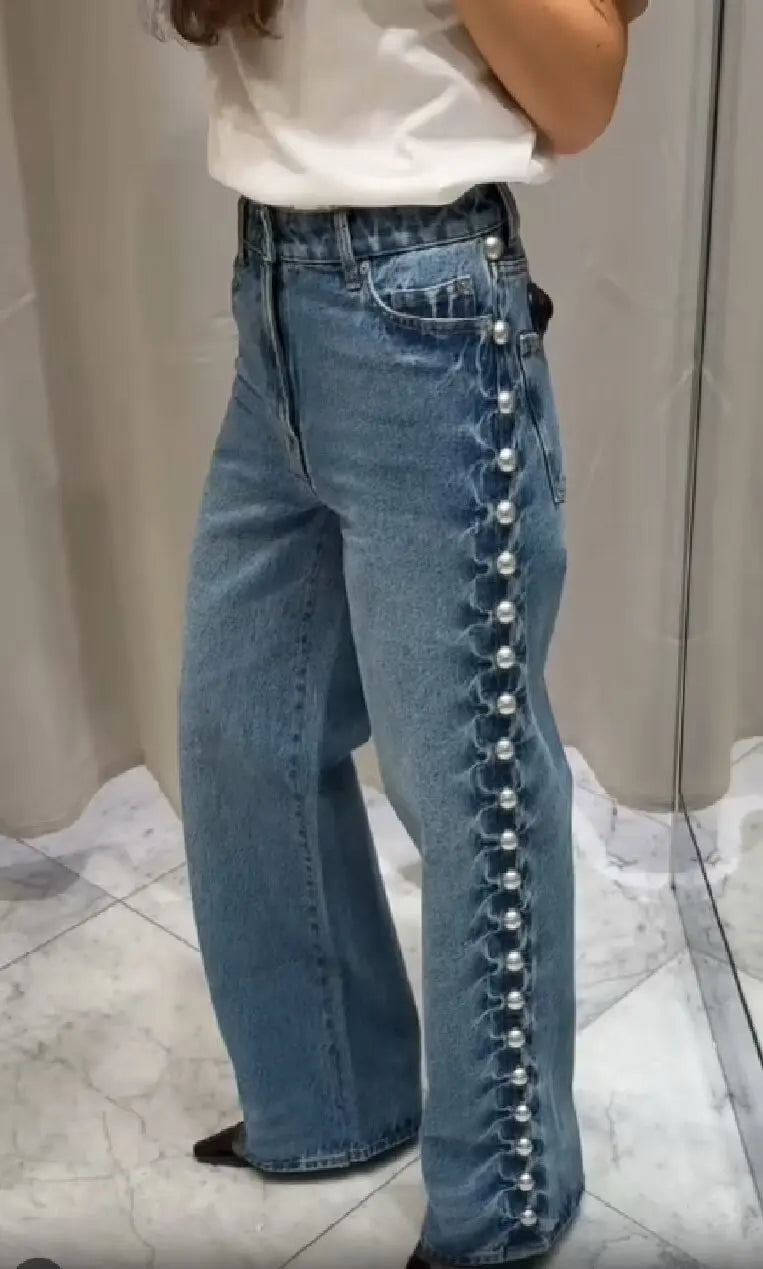 High Waist Embroidered Flares Button Fly Full Length Loose Fit Jeans