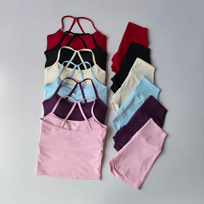 Women's yoga exercise set, popular slim shoulder yoga vest paired with high waisted, waist hugging, naked yoga three part shorts