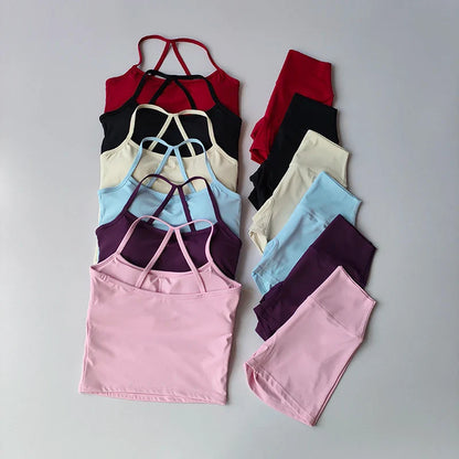 Women's yoga exercise set, popular slim shoulder yoga vest paired with high waisted, waist hugging, naked yoga three part shorts