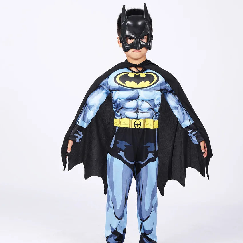 Kids Boys Muscle Costume with Mask Cloak Movie Character Superhero Cosplay Halloween Kids Bat Cosplay Jumpsuit Hero Costume Suit