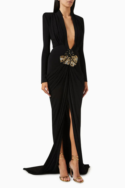 2025 New Spring Women Long Sleeve Deep V-Neck Bodycon Long Dress Elegant Evening Party Celebrate Cocktail Outfit Vestido