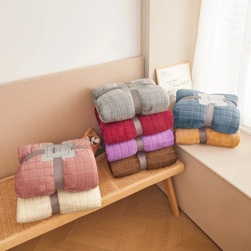 Luxury Grid Coral Velvet Blanket - Soft Fluffy Plush Throw, Thickened Warm for Sofa & Air-Condition Room, Flannel Back