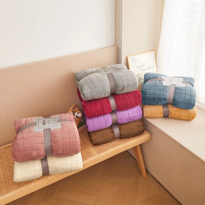 Luxury Grid Coral Velvet Blanket - Soft Fluffy Plush Throw, Thickened Warm for Sofa & Air-Condition Room, Flannel Back