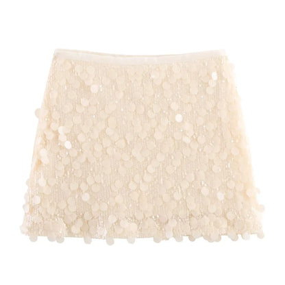 Women Spring Autumn Chic Mini Skirts Fashion With Sequined Solid Side Zipper Short Skirt Female Vintage High Waist Skirt