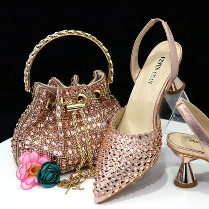 High Heels for Lady 2023 Luxury Designer Green Color Full Diamond Pointed Toe Wedding Shoe and Bag Set for Party