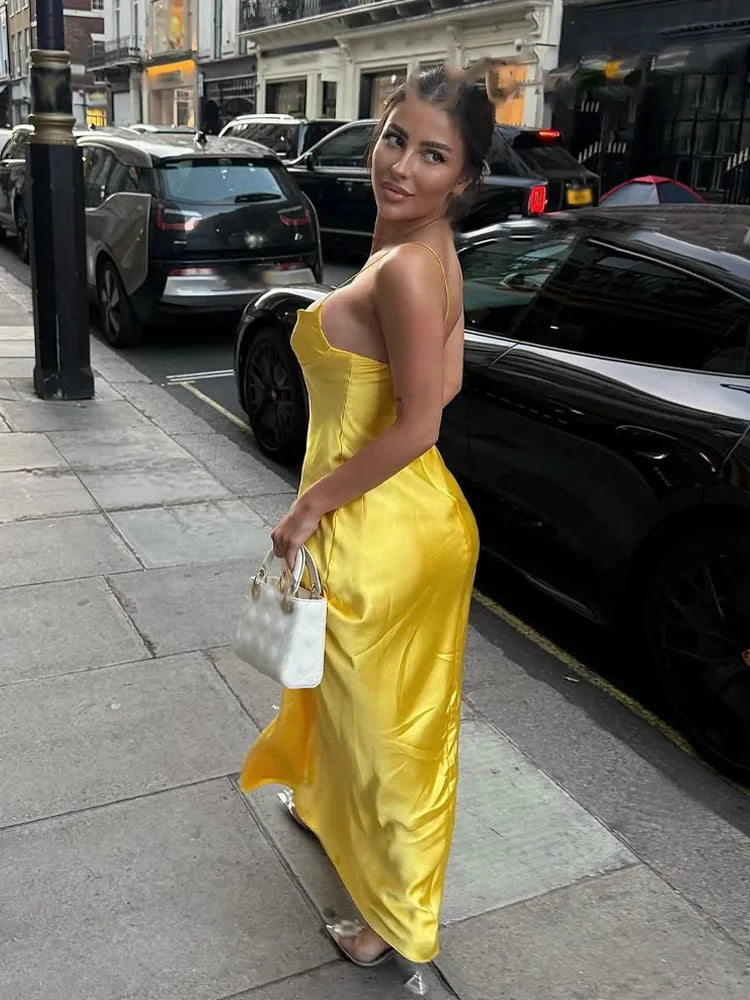 Women Red V-Neck Holiday Style Satin Texture Long Dress Sleeveless Summer Women's Back Zipper Fashion Sling Dresses