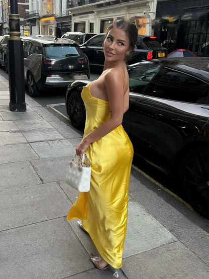 Women Red V-Neck Holiday Style Satin Texture Long Dress Sleeveless Summer Women's Back Zipper Fashion Sling Dresses