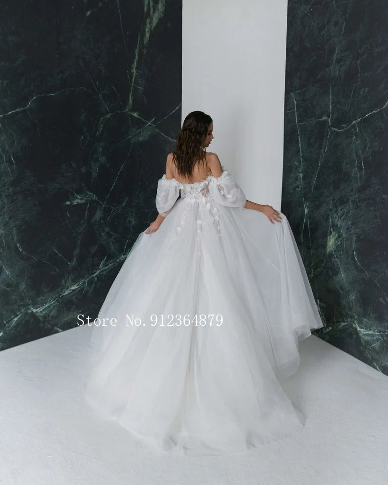 3D FlowerWedding Dresses with Detachable Sleeves Wedding Gowns Sweetheart Bridal Dresses Open Back Appliqued