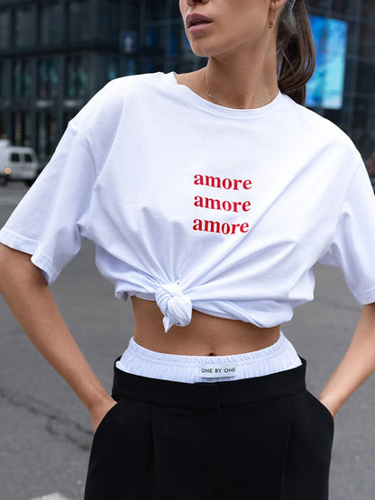 Camiseta Branca Oversized com Estampa Ciao Bella Camiseta Engraçada de Boutique Feminina Verão Algodão Casual Gola Redonda Manga Caída