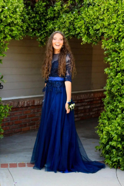 Vestidos de Renda Decote Redondo Noite Elegantes Meia Manga Aplicações Tule Festa Formal Longo Sem Costas Com Cinto Robe De