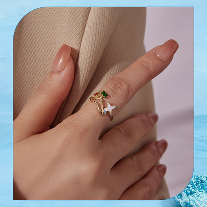 925 Sterling Silver Seagull & Island Open Ring, Adjustable Beach Vacation Rings Boho Style Jewelry with Green Palm